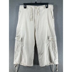 Trust Cargo Capri Pants Women W34 Cream Linen Blend Drawstring Utility Cropped